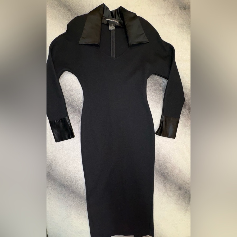 Vintage Andrea Jovine Evening Knit Dress‎ Satin Collar High Slit 100% Wool Sz S
